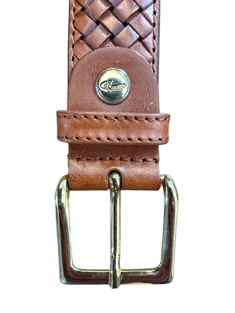 Italian Woven Leather Belt Brown Gold Buckle Made in Italy Unisex Fits 27-31 - Picture 11 of 15